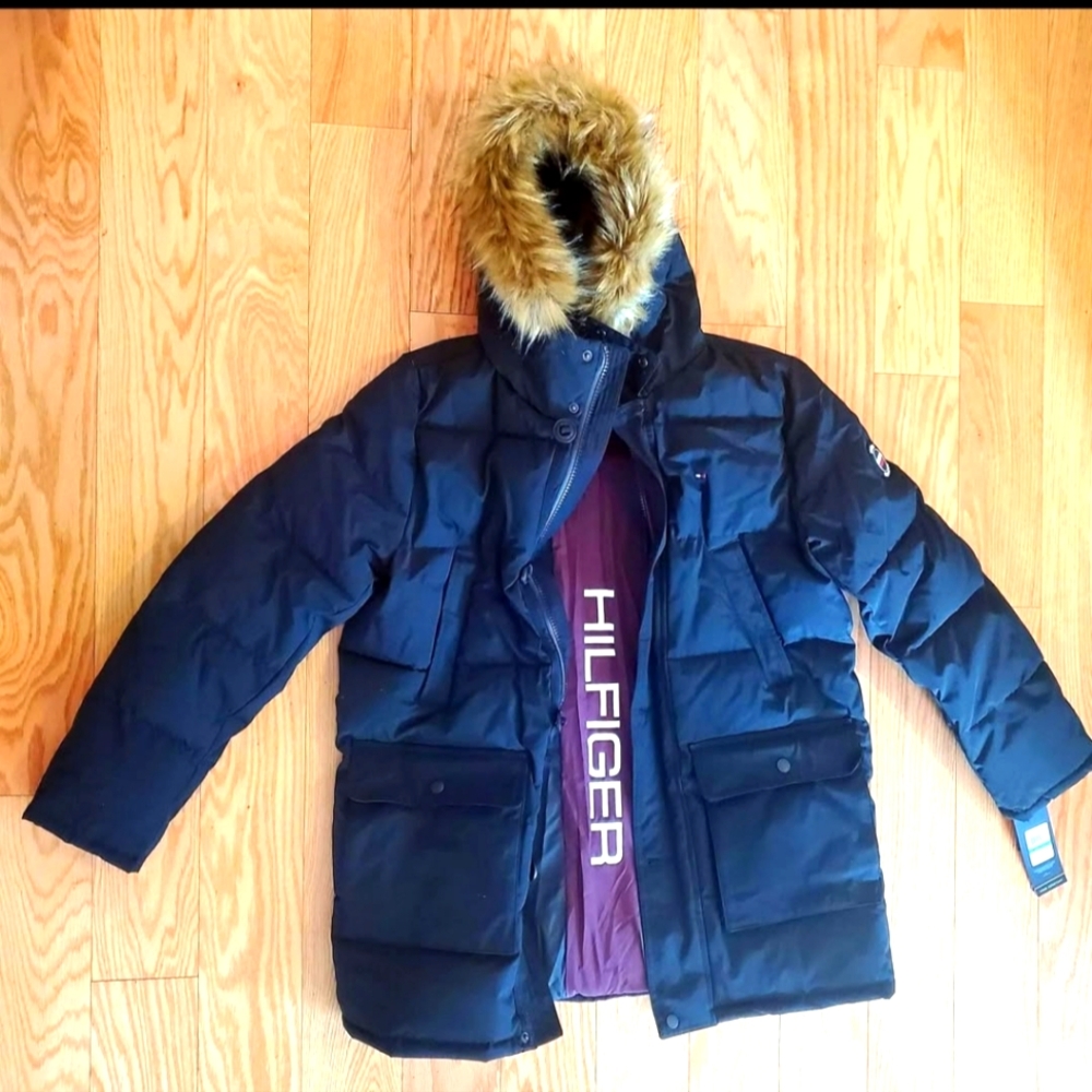 Men's black winter jacket by Tommy Hilfigure designer, warm, waterproof Size L